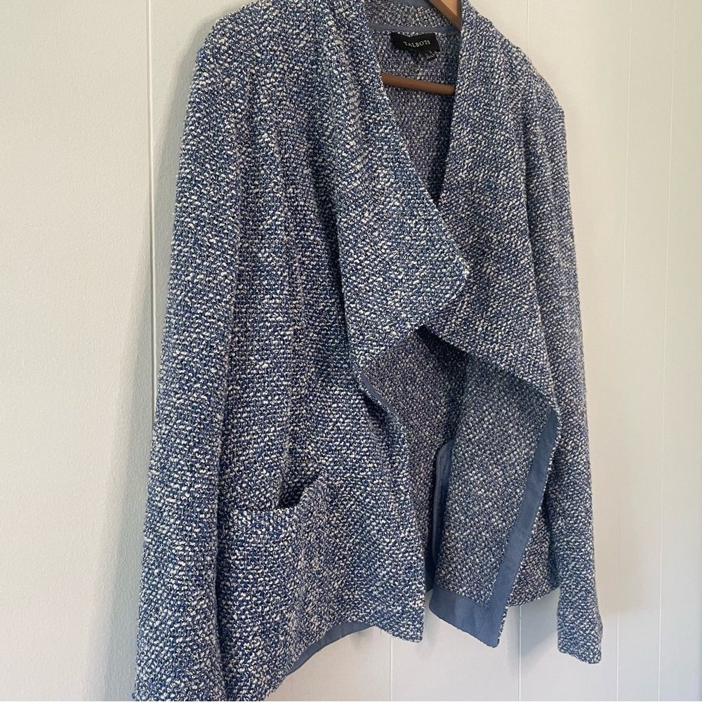 Talbots Open Front Waterfall Blazer Jacket Blue Tweed Boucle Cotton Size Large - Picture 8 of 15